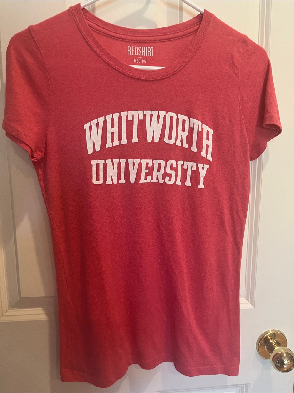 Whitworth University Women's pinky Red Crewneck Tee soft flattering college M